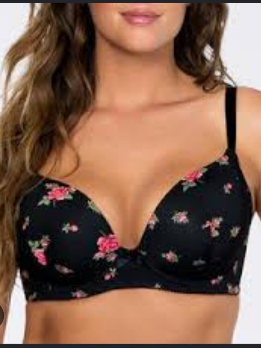 Always A Flirt Black Floral Push-Up Bra with Pink Rose Print - Size 36D